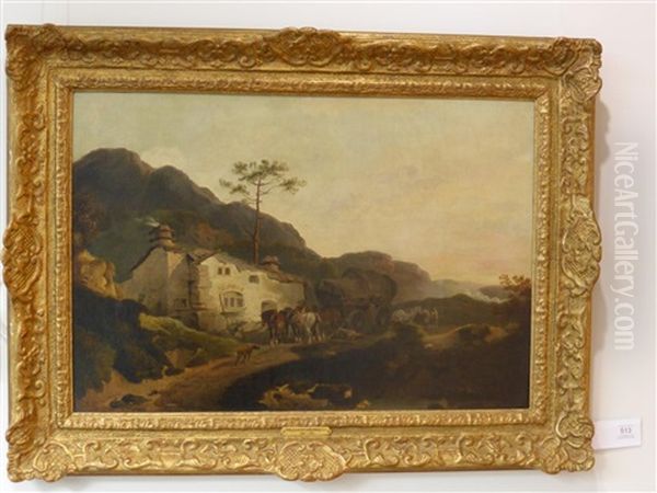 Figures With Horses And Cart Before A Cottage, Possibly Patterdale Oil Painting by Philip James de Loutherbourg