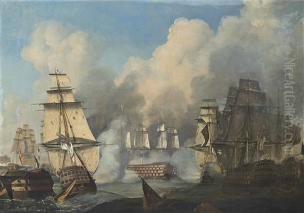 The Battle Of Trafalgar, And The Victory Of Lord Nelson Over The Combined French And Spanish Fleets, 21st October: Admiral Villeneuve's Flagship Bucentaure Surrendering To H.m.s. Conqueror Oil Painting by Philip James de Loutherbourg