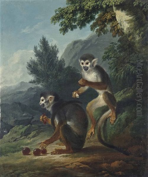 A Wooded Landscape With Two Monkeys Eating Grapes Oil Painting by Philip James de Loutherbourg