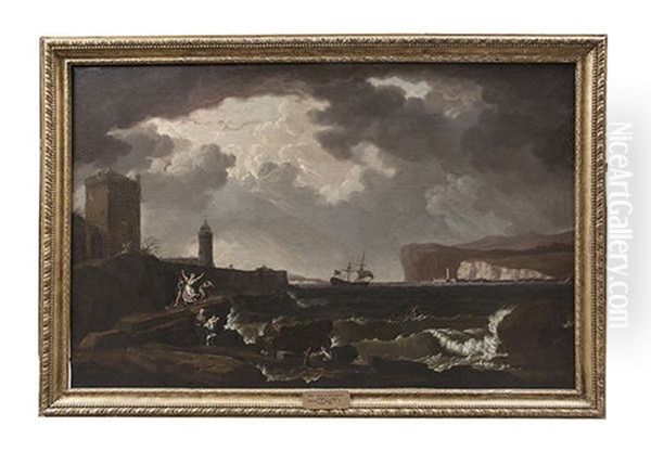 Figures Beaching Boats In A Stormy Coastal Landscape Oil Painting by Philip James de Loutherbourg