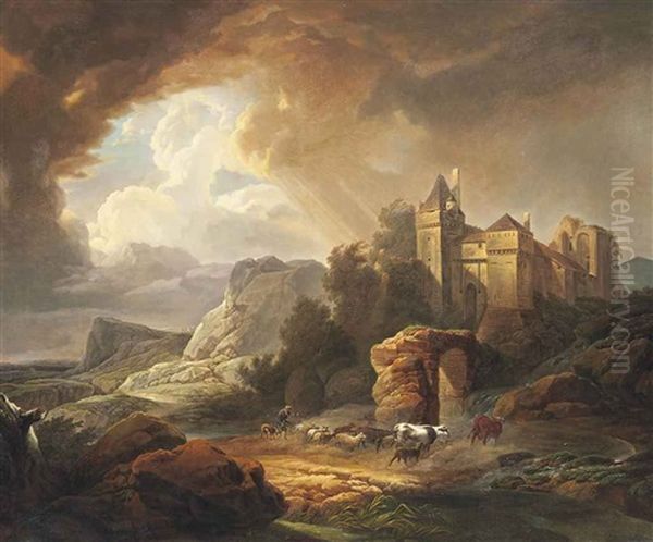 A Rocky River Landscape With A Castle And A Drover With His Herd by Philip James de Loutherbourg