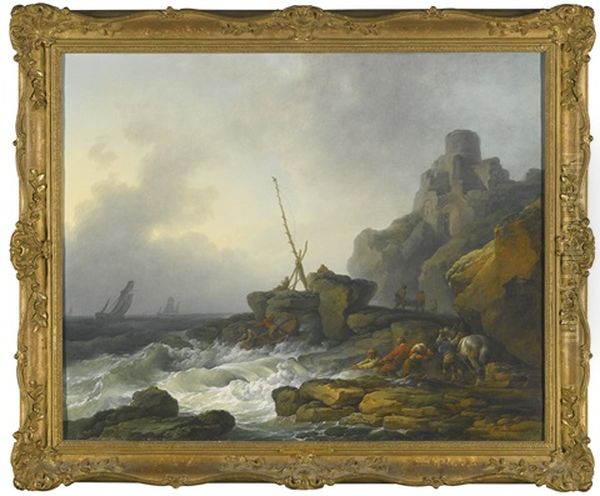 Fishermen Pulling In Their Nets In Rough Seas Oil Painting by Philip James de Loutherbourg