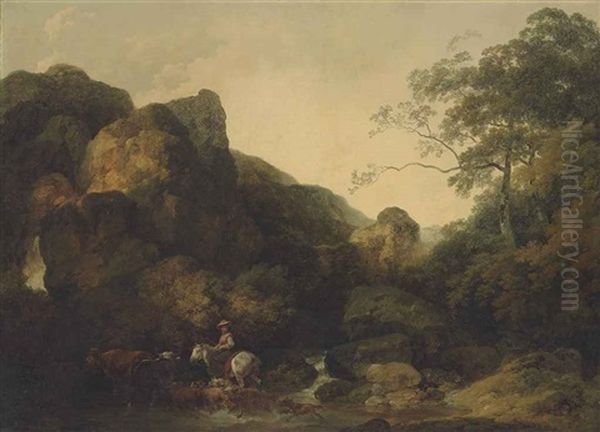 A Rocky Wooded Landscape With A Shepherdess On Horseback Crossing A River by Philip James de Loutherbourg