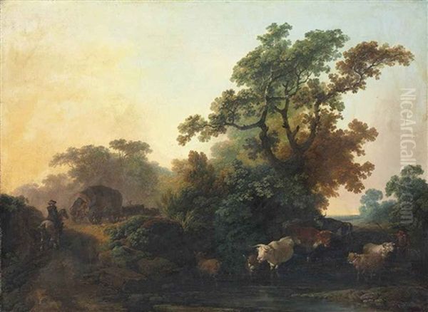 A Wooded Landscape With Cattle In A Stream And Figures By A Waggon On A Track Oil Painting by Philip James de Loutherbourg