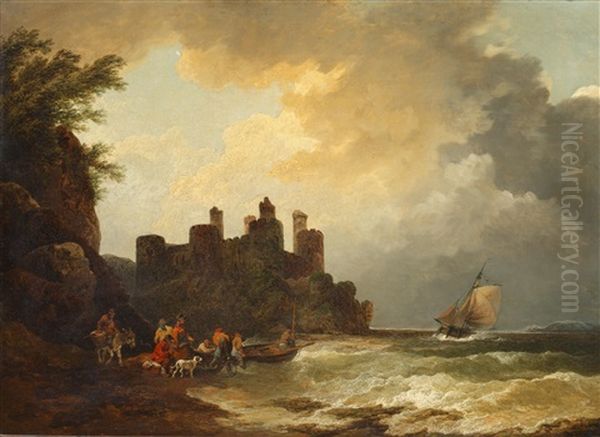 Figures On A Rocky Shoreline, Before A Castle Oil Painting by Philip James de Loutherbourg