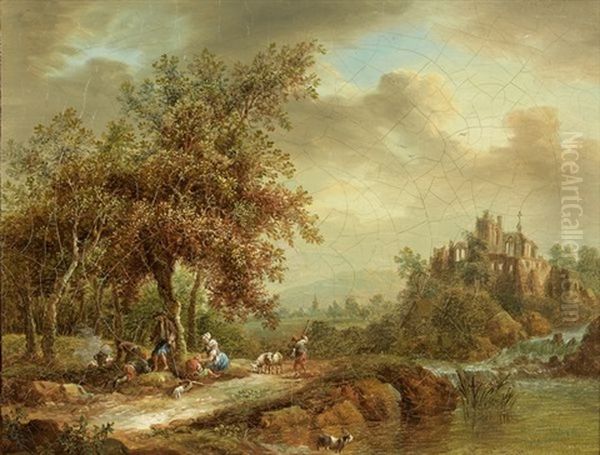 Paysage Aux Ruines Gothiques Anime De Personnages Oil Painting by Philip James de Loutherbourg