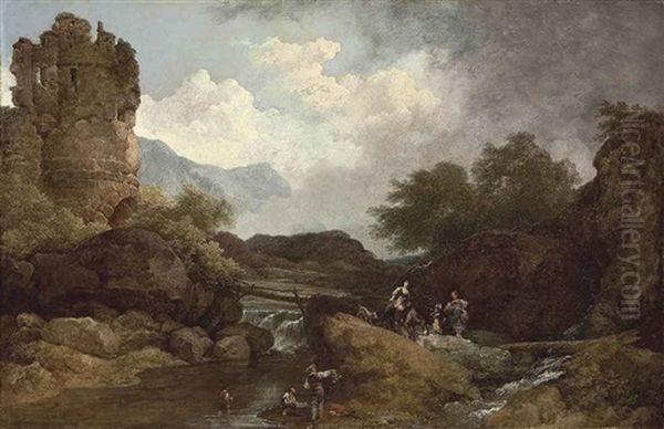 A Wooded River Landscape, With A Ruin And Travellers Oil Painting by Philip James de Loutherbourg