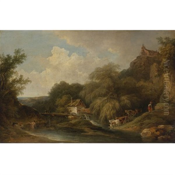 Watermill With Pond, Cows, Dogs And Figures by Philip James de Loutherbourg