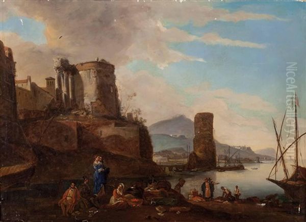 Seestuck Mit Festung, Ruinen Und Wartenden Reisenden Oil Painting by Philip James de Loutherbourg