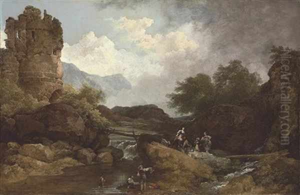 A Wooded River Landscape, With A Ruin And Travelers by Philip James de Loutherbourg