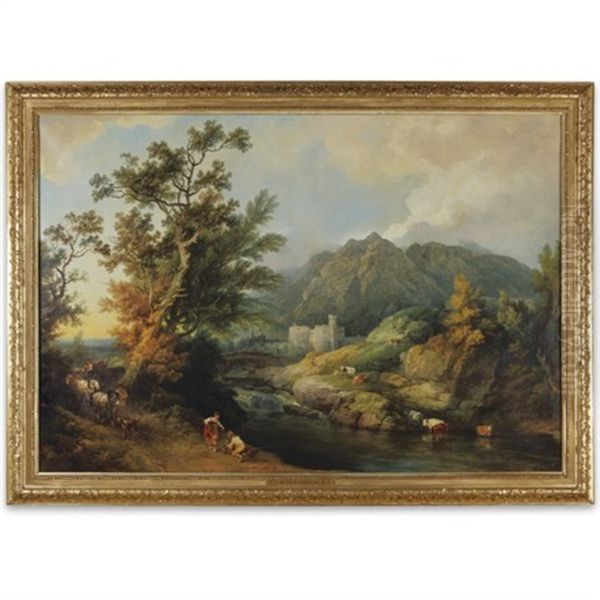 Landscape With Peasants By A River, A Castle Beyond Oil Painting by Philip James de Loutherbourg