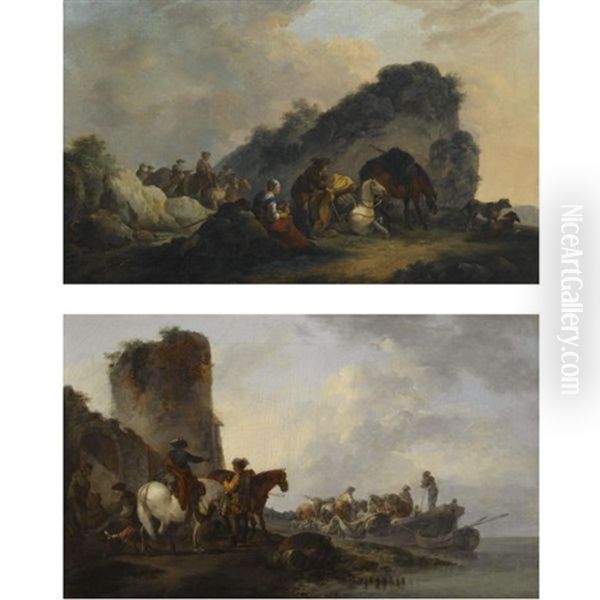 A Coastal Landcape With Figures Loading Boats Beside A Ruined Towers (+ A Landscape With Figures Resting Along A Path And Horsemen Approaching; Pair) Oil Painting by Philip James de Loutherbourg