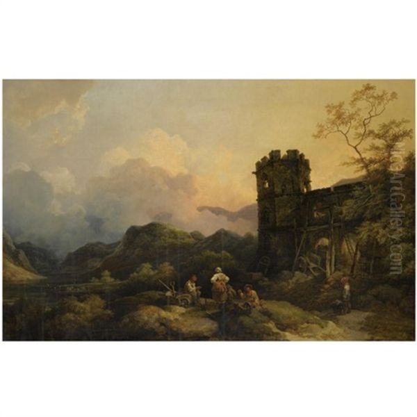 A Landscape With Ruined Tower Oil Painting by Philip James de Loutherbourg