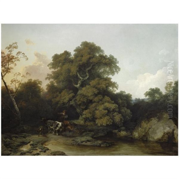 A Young Maid Watering The Cattle In A Wooded, River Landscape Oil Painting by Philip James de Loutherbourg