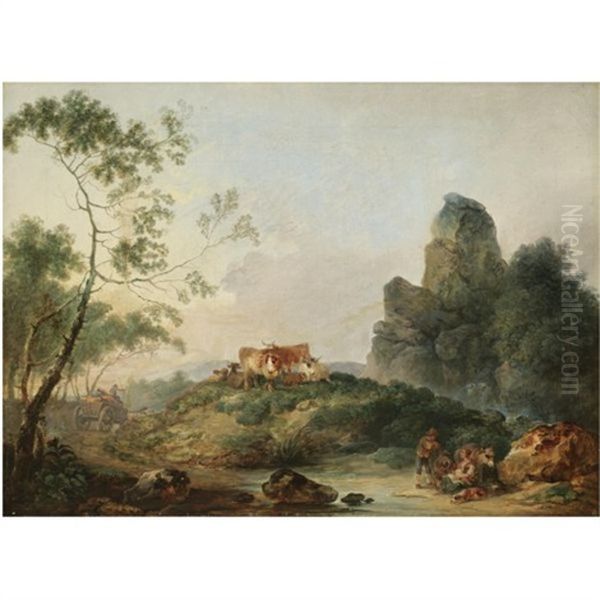 A Rocky Landscape With Herdsmen Resting Beside A Stream Oil Painting by Philip James de Loutherbourg