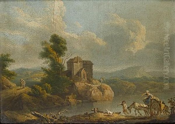 A River Landscape With A Horse And Cart Foundering On A Country Path (+ A Wooded Landscape With A Horse And Cart Fording A River; Pair) Oil Painting by Philip James de Loutherbourg