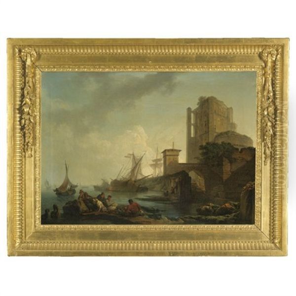 A Calm: A Harbour Scene, With Fishermen Resting Near Ruins Oil Painting by Philip James de Loutherbourg