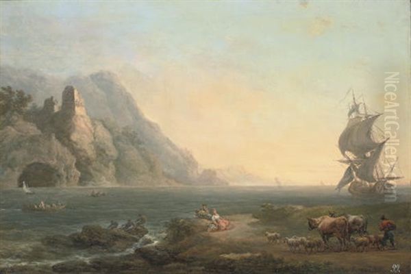 A Rocky Coastal Landscape With Fishermen And Drovers In The Foreground, A Ship Beyond Oil Painting by Philip James de Loutherbourg