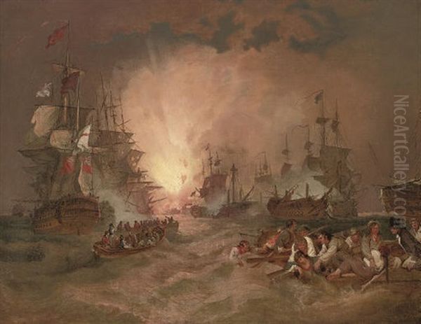 The Battle Of The Nile, 1st August 1798 - The Destruction Of The French Flagship "l'orient" Oil Painting by Philip James de Loutherbourg