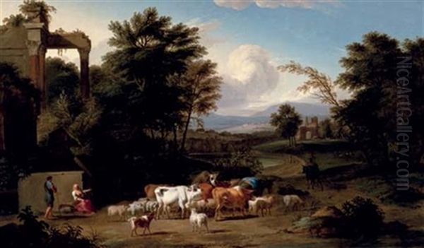 Herders And Cows Resting By Classical Ruins In An Extensive Landscape Oil Painting by Philip James de Loutherbourg