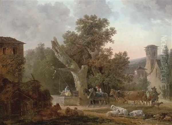 A Village Landscape With A Mule Leading Cattle, A Mother And Child At A Well by Philip James de Loutherbourg