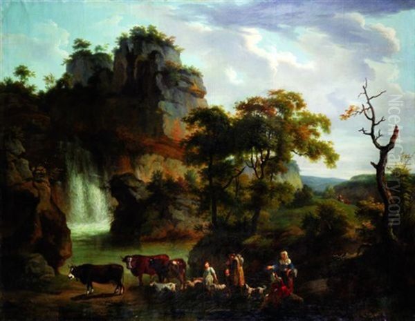 Scene Pastorale Dans Un Paysage Boise Avec Une Cascade Oil Painting by Philip James de Loutherbourg