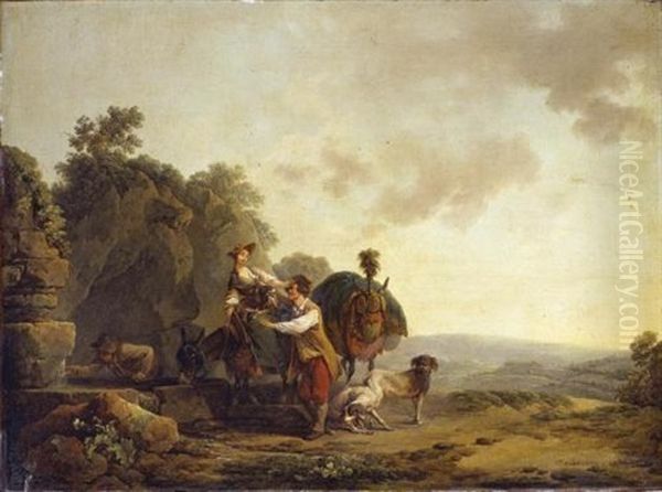 Travellers With Hounds And Heavily Laden Mules At A Well Oil Painting by Philip James de Loutherbourg