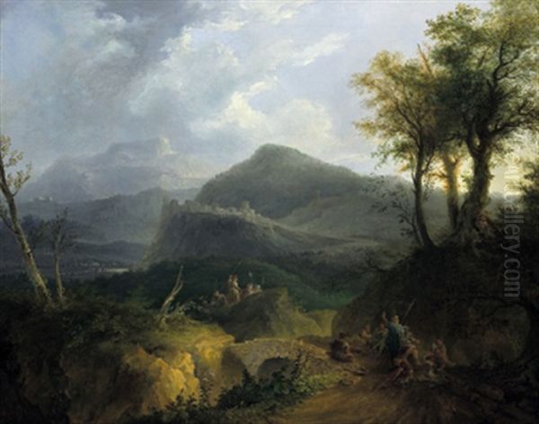 Gebirgslandschaft Mit Einer Befestigten Stadt Und Lagernden Soldaten Oil Painting by Philip James de Loutherbourg