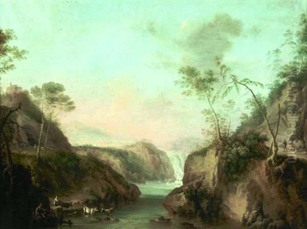 Paysage De Cascade Anime De Bergers Oil Painting by Philip James de Loutherbourg