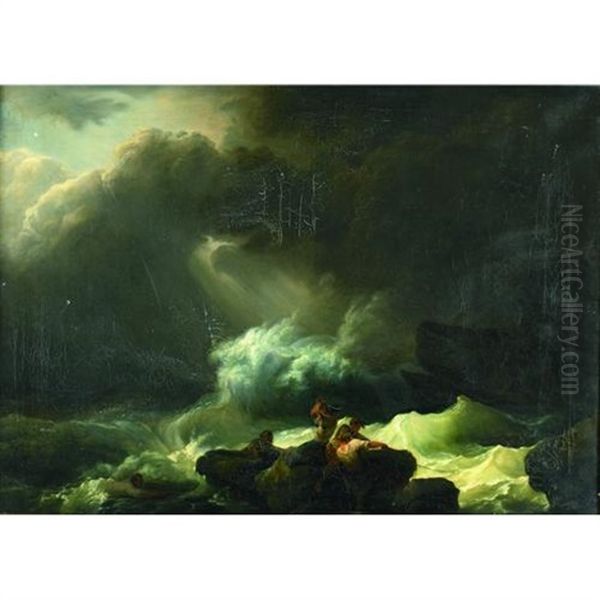 A Stormy Sea With Sailors Ship Wrecked In The Foreground Oil Painting by Philip James de Loutherbourg