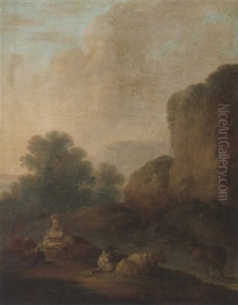 A River Landscape With A Shepherdess Resting With Her Flock Oil Painting by Philip James de Loutherbourg