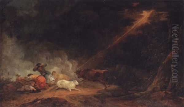 A Stormy Landscape With Shepherds And Their Flock Being Charged By A Bull Oil Painting by Philip James de Loutherbourg