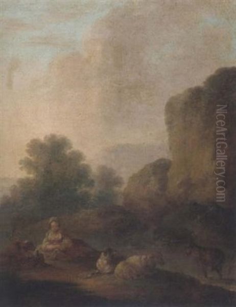 A River Landscape With A Shepherdess Resting With Her Flock Oil Painting by Philip James de Loutherbourg