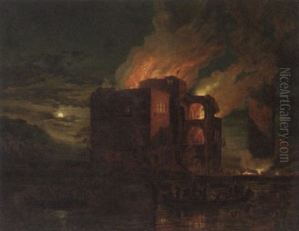 A Building On Fire At Night Oil Painting by Philip James de Loutherbourg