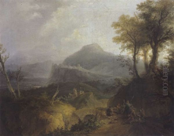 Gebirgslandschaft Mit Einer Befestigten Stadt Und Lagernden Soldaten Oil Painting by Philip James de Loutherbourg