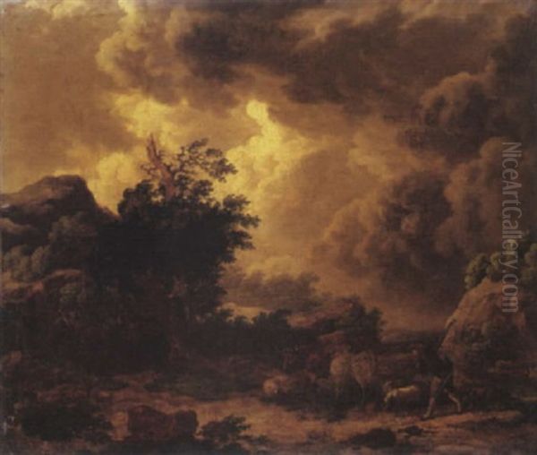 A Stormy Landscape With A Herdsman In A Rocky Path Oil Painting by Philip James de Loutherbourg