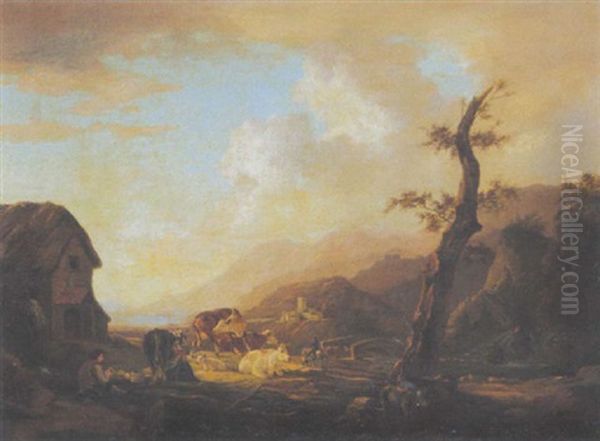 Abendliche Flusslandschaft Mit Bauern Und Tieren Oil Painting by Philip James de Loutherbourg