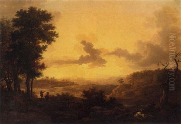 An Extensive Valley Landscape At Sunset With Figures And Cattle Oil Painting by Philip James de Loutherbourg