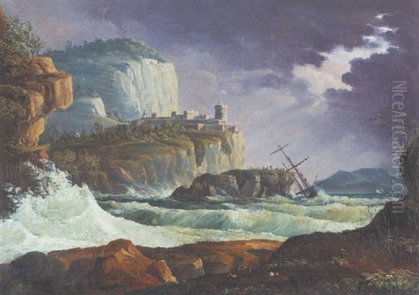 Schiffbruch Vor Felsiger Kuste: Ein Zweimaster Sinkt Vor Der Klippe, Auf Die Sich Schiffbruchige Gerettet Haben Oil Painting by Philip James de Loutherbourg