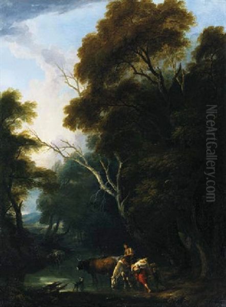 A Wooded Landscape With Drovers At A Ford Oil Painting by Philip James de Loutherbourg