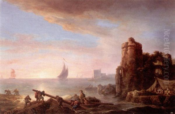 Coastal Landscape At Sunset With Fishermen, Ruins Beyond Oil Painting by Philip James de Loutherbourg