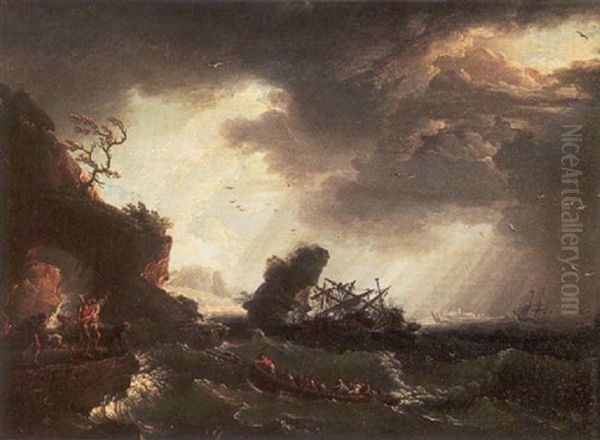 A Shipwreck Off A Mediterrenean Coast Oil Painting by Philip James de Loutherbourg