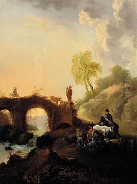 An Italianate River Landscape With Shepherds On A Bridge Oil Painting by Philip James de Loutherbourg