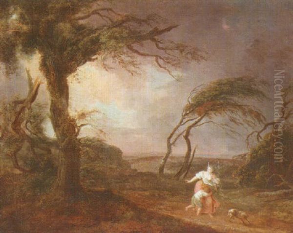 Landscape With A Woman And A Child Alarmed By Lightning Striking A Tree Oil Painting by Philip James de Loutherbourg