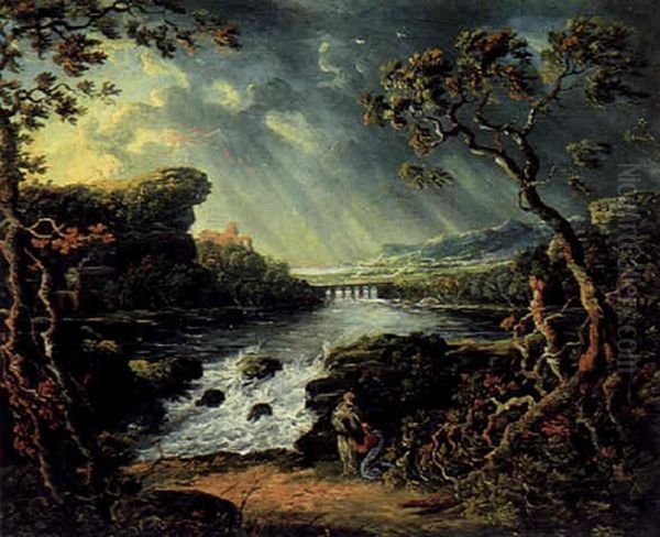 Fluslandschaft Mit Einer Burgruine, Einer Steinernen Bogenbrucke Und Figuren Oil Painting by Philip James de Loutherbourg