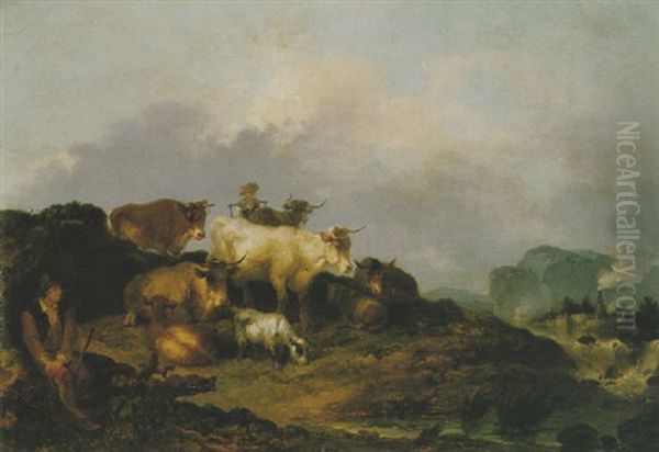 A Milkmaid And Cowherd With Cattle, With A Village Beyond Oil Painting by Philip James de Loutherbourg