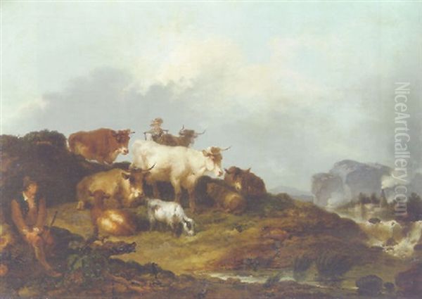 A Mountainous Landscape With A Herdsman And A Water Carrier Oil Painting by Philip James de Loutherbourg