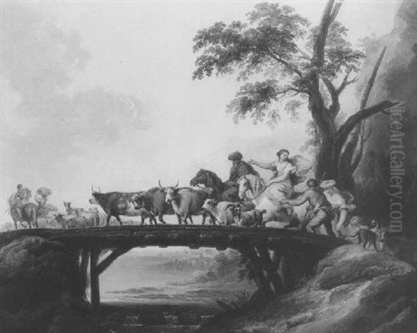 A Train Of Cowherds And Shepherdesses With Their Livestock Crossing A Wooden Bridge In An Italianate Landscape Oil Painting by Philip James de Loutherbourg