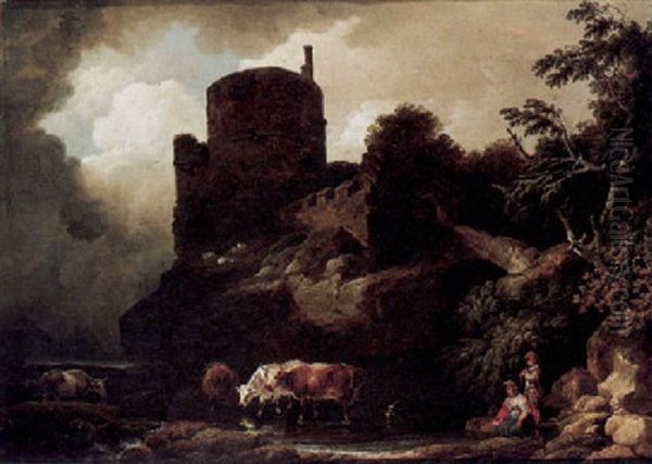 Landscape With Cattle Watering And Figures By A Castle Oil Painting by Philip James de Loutherbourg