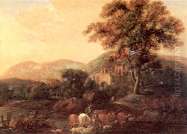 A Wooded Hilly Landscape With A Castle Ruin Herdsmen And Herd Oil Painting by Philip James de Loutherbourg